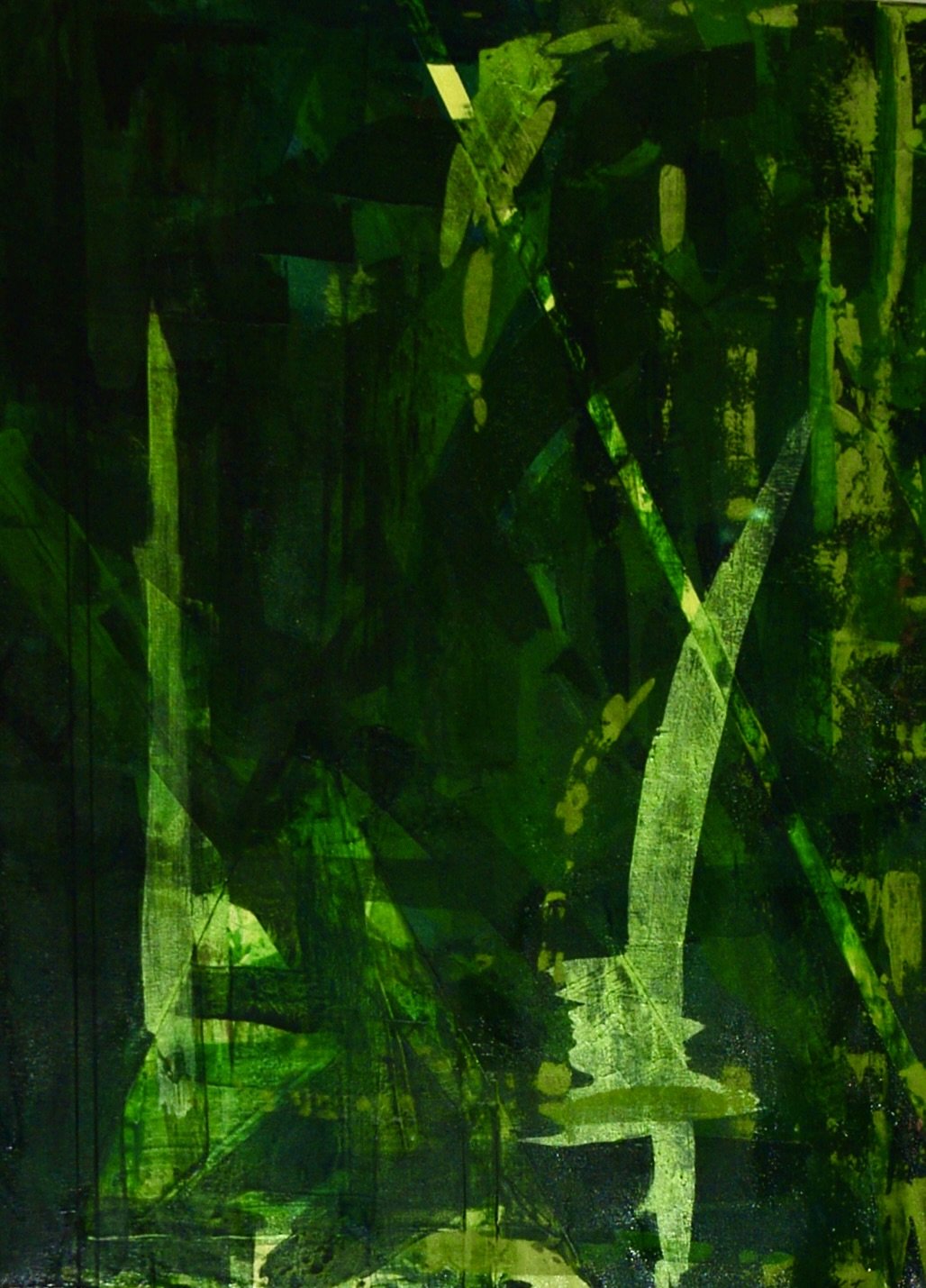 Abstract artwork with various shades of green and black, featuring layered geometric shapes and textures.