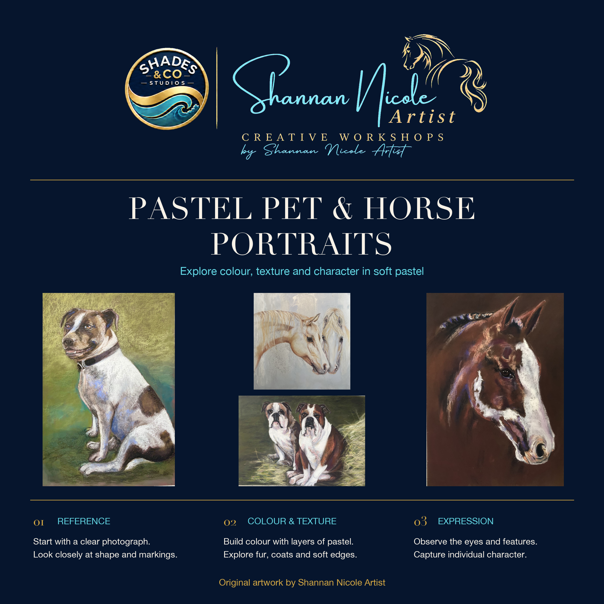 A website showing a creative workshop by artist Shannan Nicole, featuring pastel pet and horse portraits. The page includes a logo with a wave design and a drawing of a horse's head, along with sections describing the artistic process and finished pastel portraits of dogs and horses.