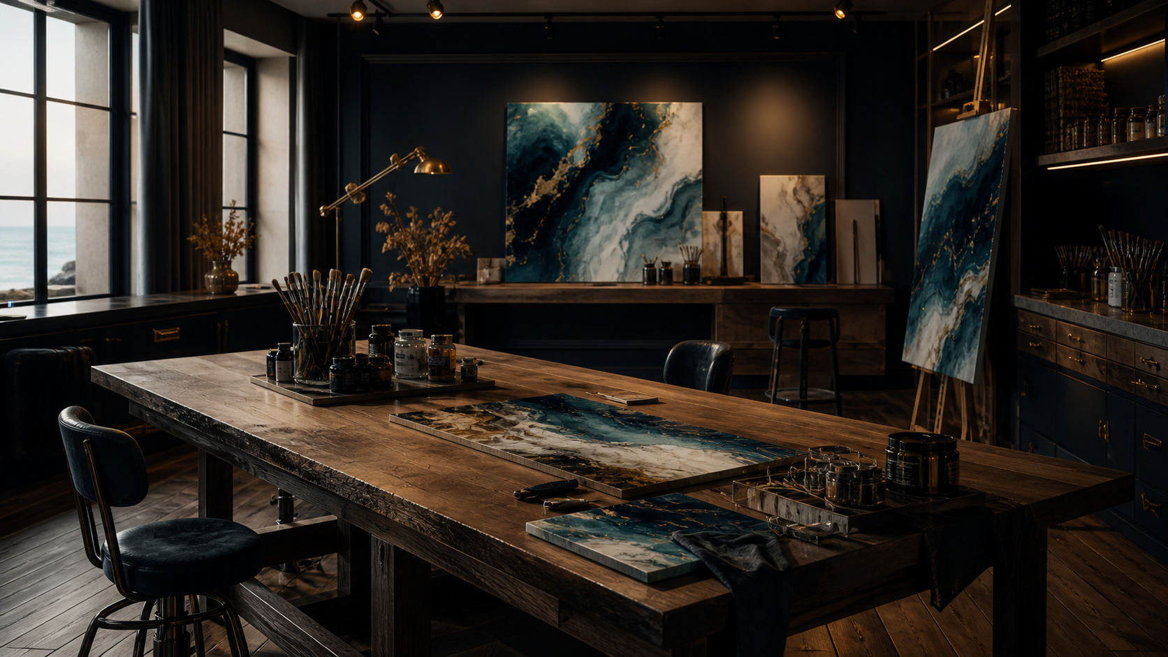 An artist's studio with a large wooden table, paintings, brushes, and art supplies, illuminated by natural light from windows overlooking the ocean.