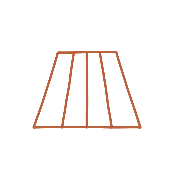 Illustration of a trapezoidal wooden shelf with five compartments, depicted with brown lines on a black background.