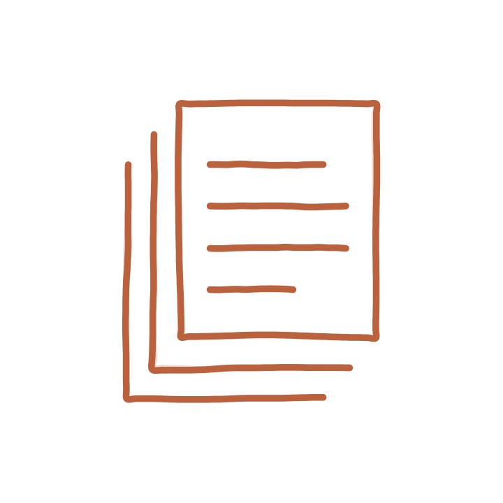 A simple line drawing of a stack of papers or documents, with lines representing text on the top sheet.
