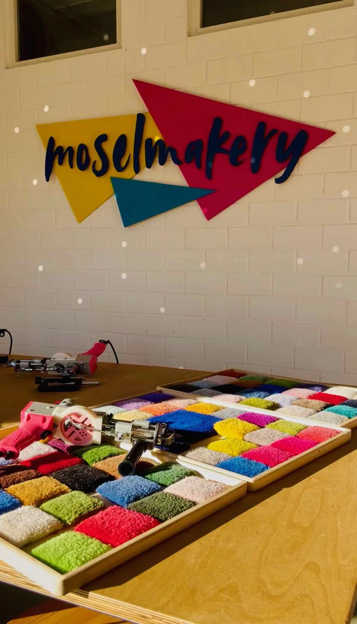 Color samples arranged on a wooden tray, with tools and equipment in the background and a colorful sign on the wall reading 'mostlmakery'.