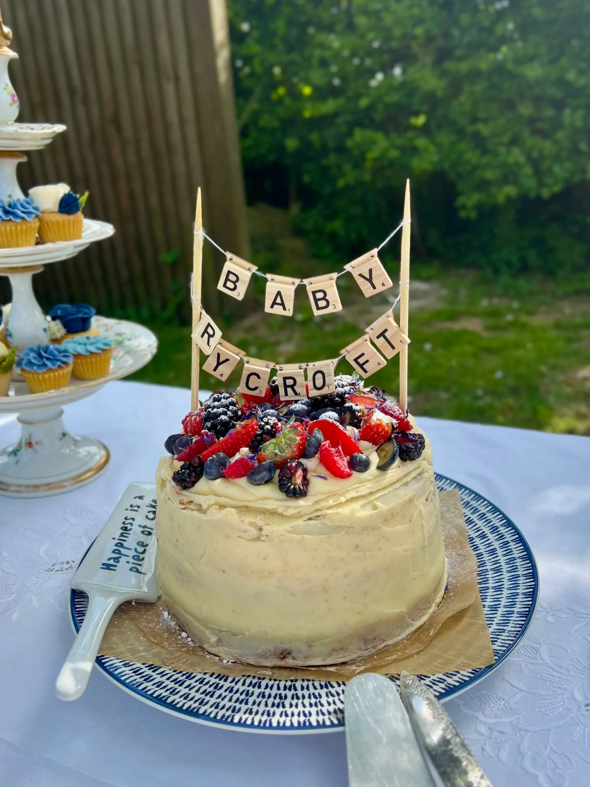 A celebratory cake decorated with fresh berries, topped with a wooden 'Baby Registry' banner, on a blue and white patterned plate, with a cake server nearby, outdoors with a tablecloth, cupcakes on a tiered stand, and green trees in the background.