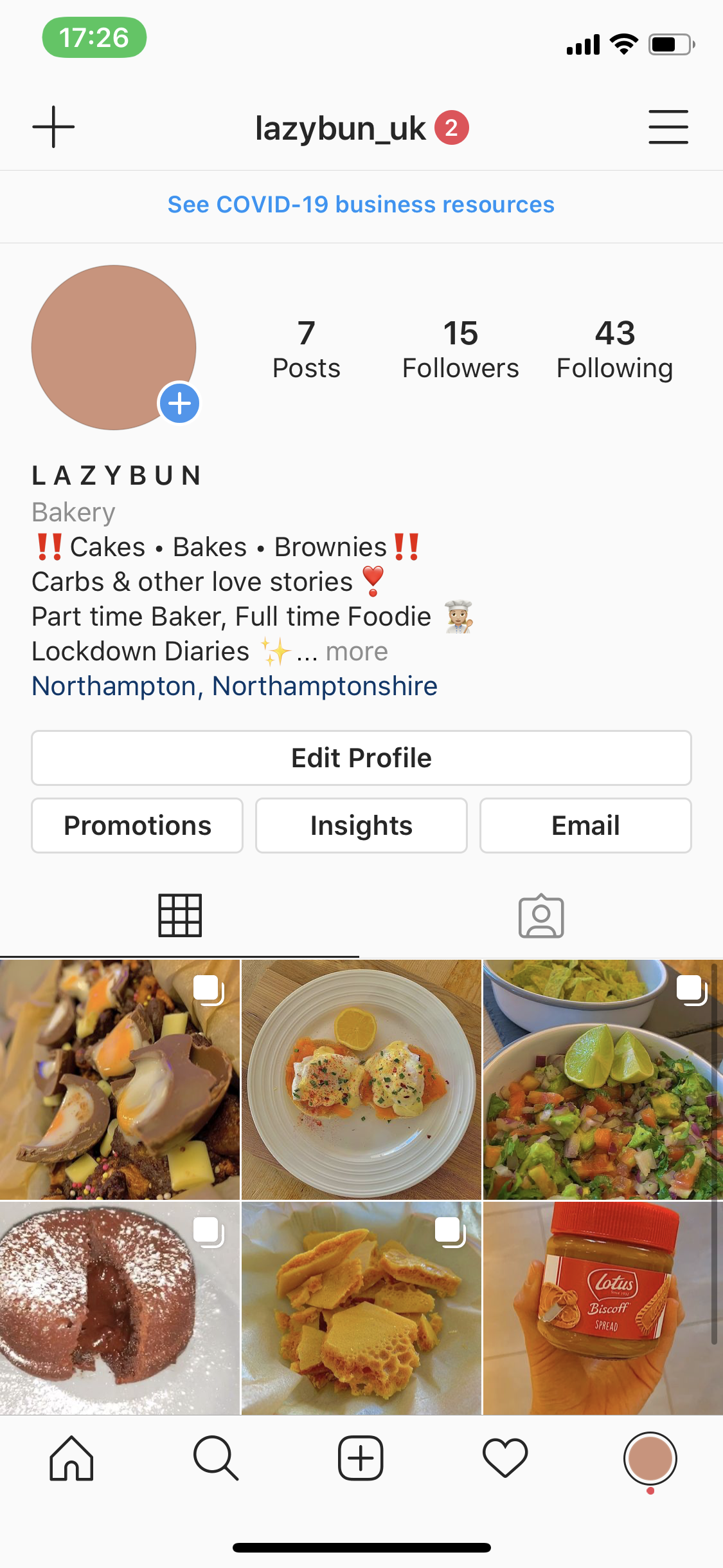 Screenshot of an Instagram profile page named "LAZYBUN" with posts featuring baked goods, cakes, brownies, and desserts, including a close-up of a chocolate cake with a red logo on a jar of Lotus Biscoff spread.
