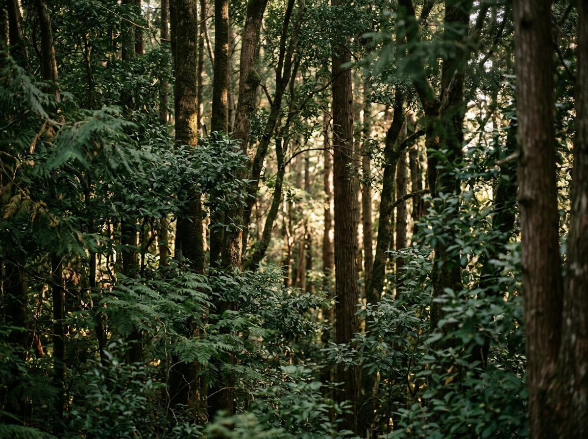 Dense forest with tall trees and thick green foliage, sunlight filtering through the canopy.