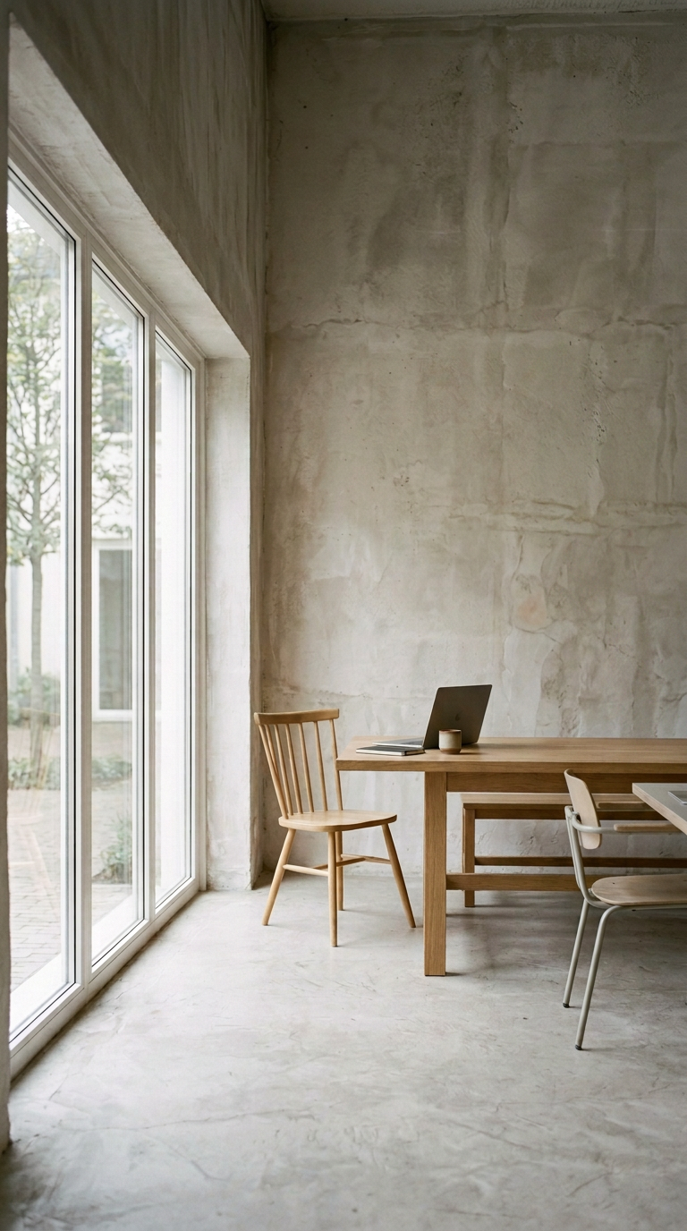 Interior of a minimalist room with large glass sliding doors, a wooden table with a laptop, a notebook, and a cup, and a wooden and a metal chair against a bare concrete wall.