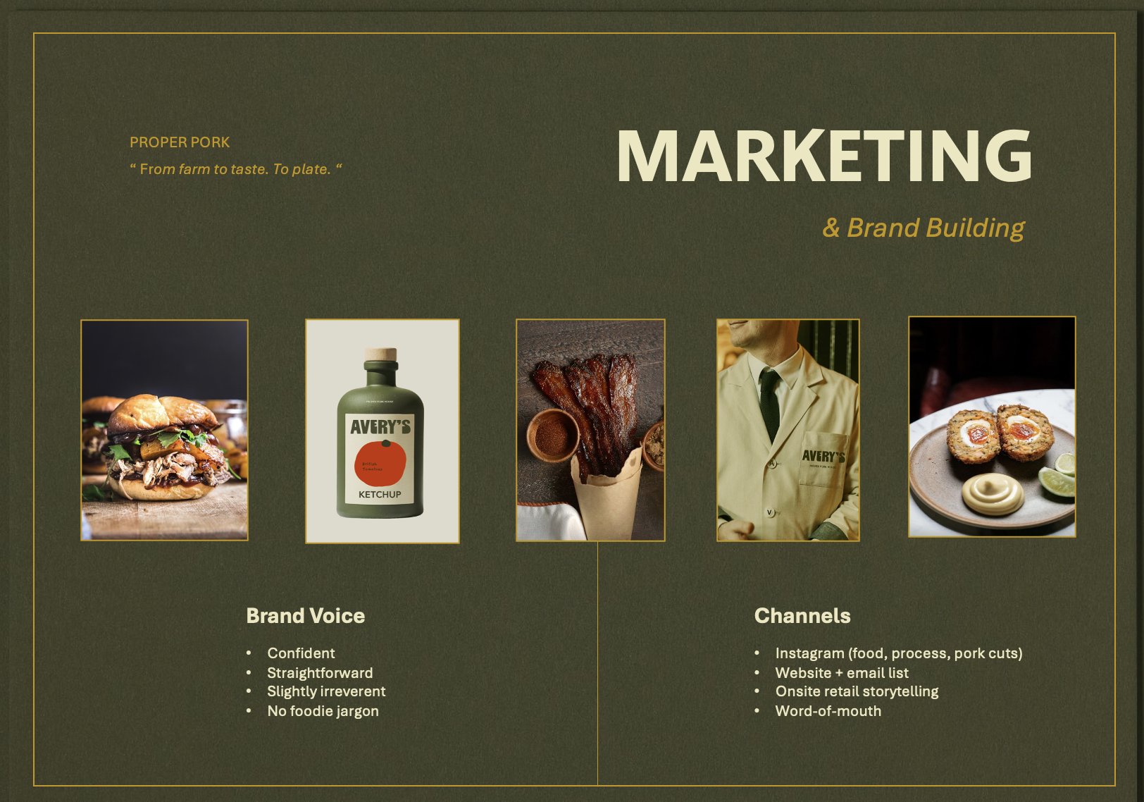 A marketing slide for a butcher shop or food brand featuring images of a burger, ketchup bottle, bacon, person in a butcher coat, and a dish with fried eggs and sauce. The slide includes sections titled 'Brand Voice' and 'Channels'.