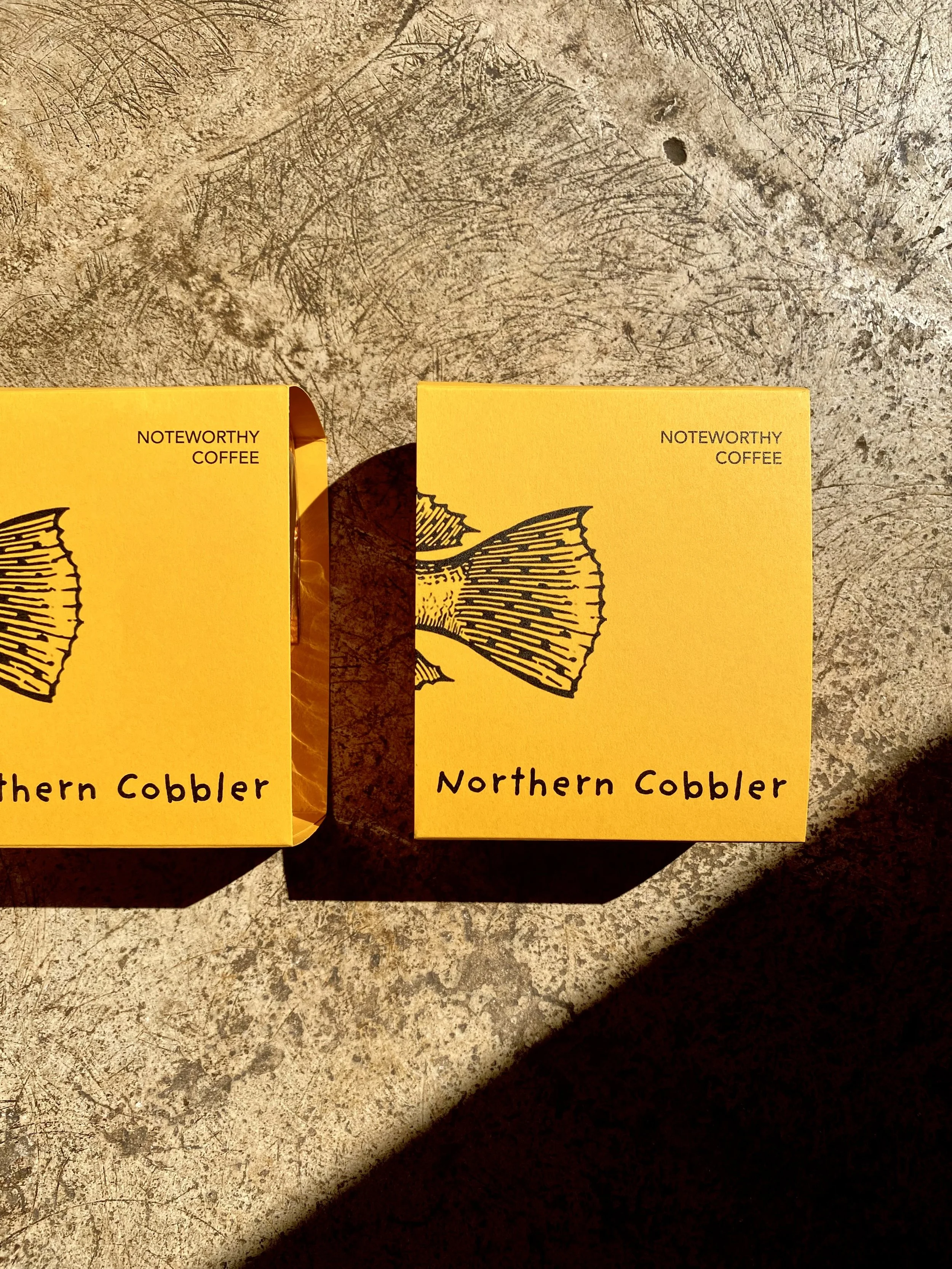 Yellow speciality coffee boxes labeled 'Northern Cobbler' with a black fish fin illustration and 'NOTEWORTHY COFFEE' text, placed on a textured concrete surface with shadows.