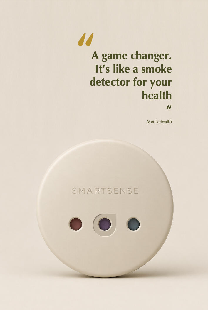 A promotional poster featuring a round device called Smartsense with three colored indicators, accompanied by a quote about health from Men's Health magazine.