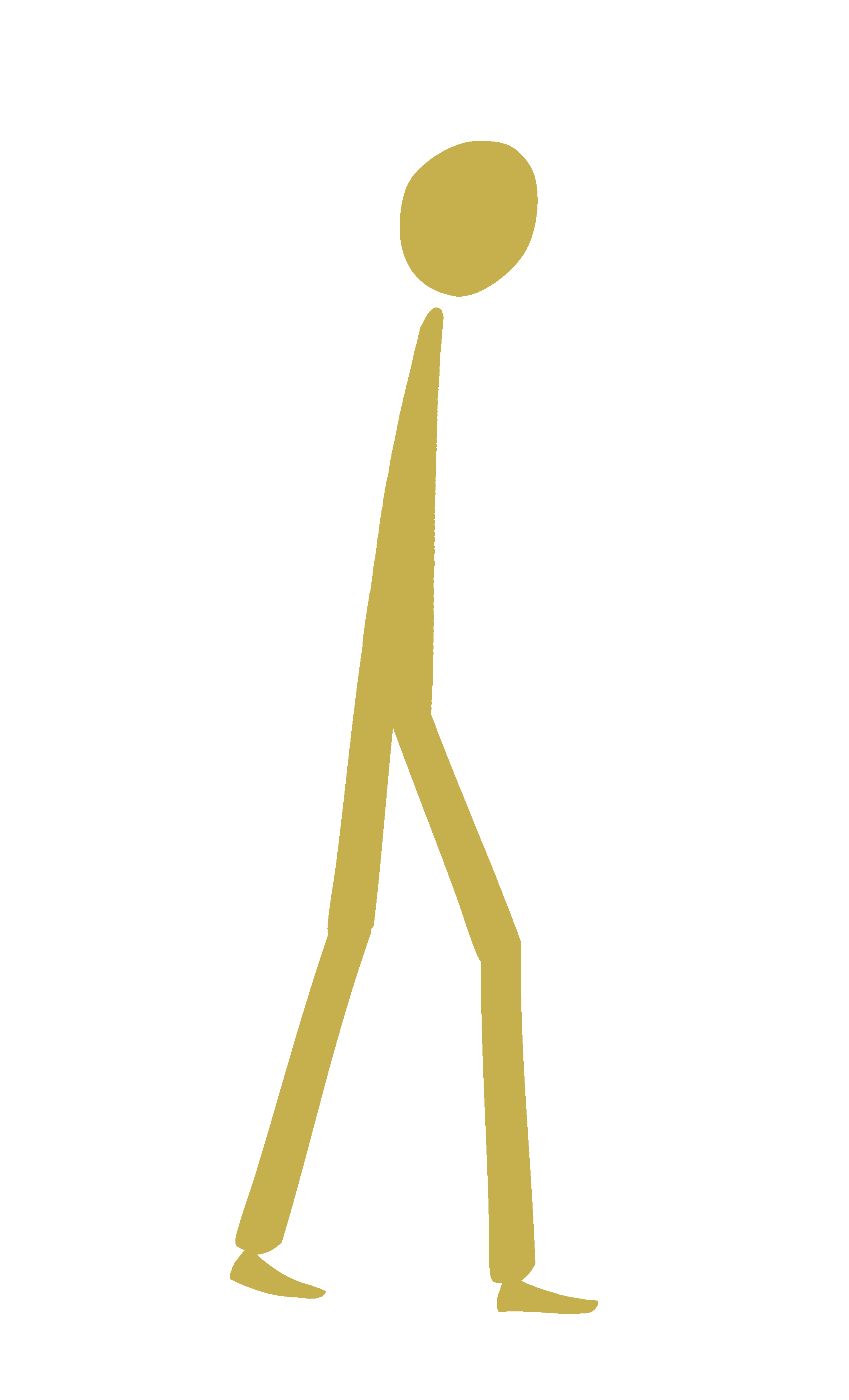 A simplified graphic of a walking person with a golden body, head, legs, and arms against a black background.