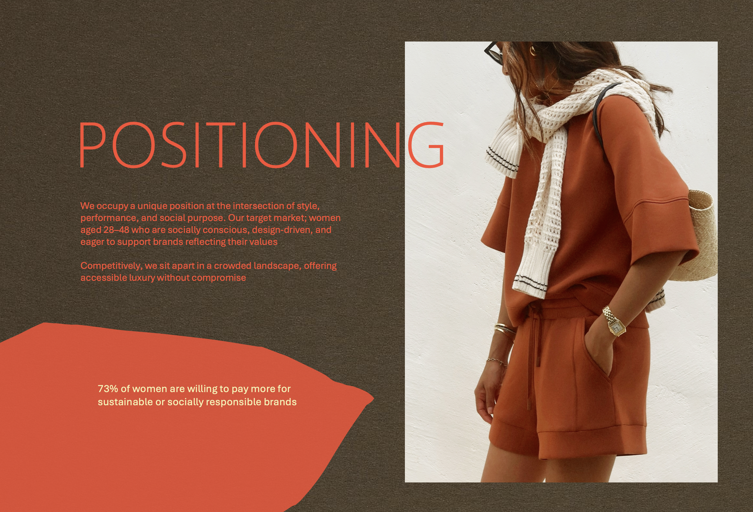 Woman wearing an orange outfit with a scarf, glasses, jewelry, and a wristwatch, standing against a white background with overlayed text about positioning and marketing.