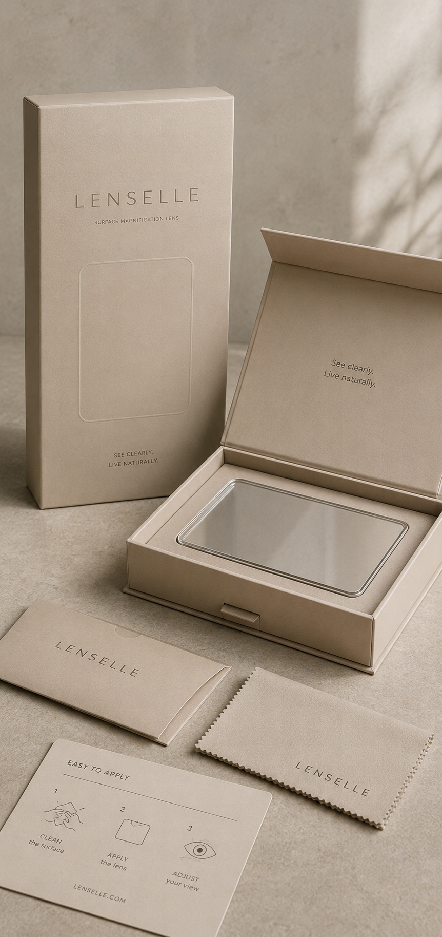 Packaging for a lens with instructions on how to apply, along with the lens inside an open box and a protective cleaning cloth.