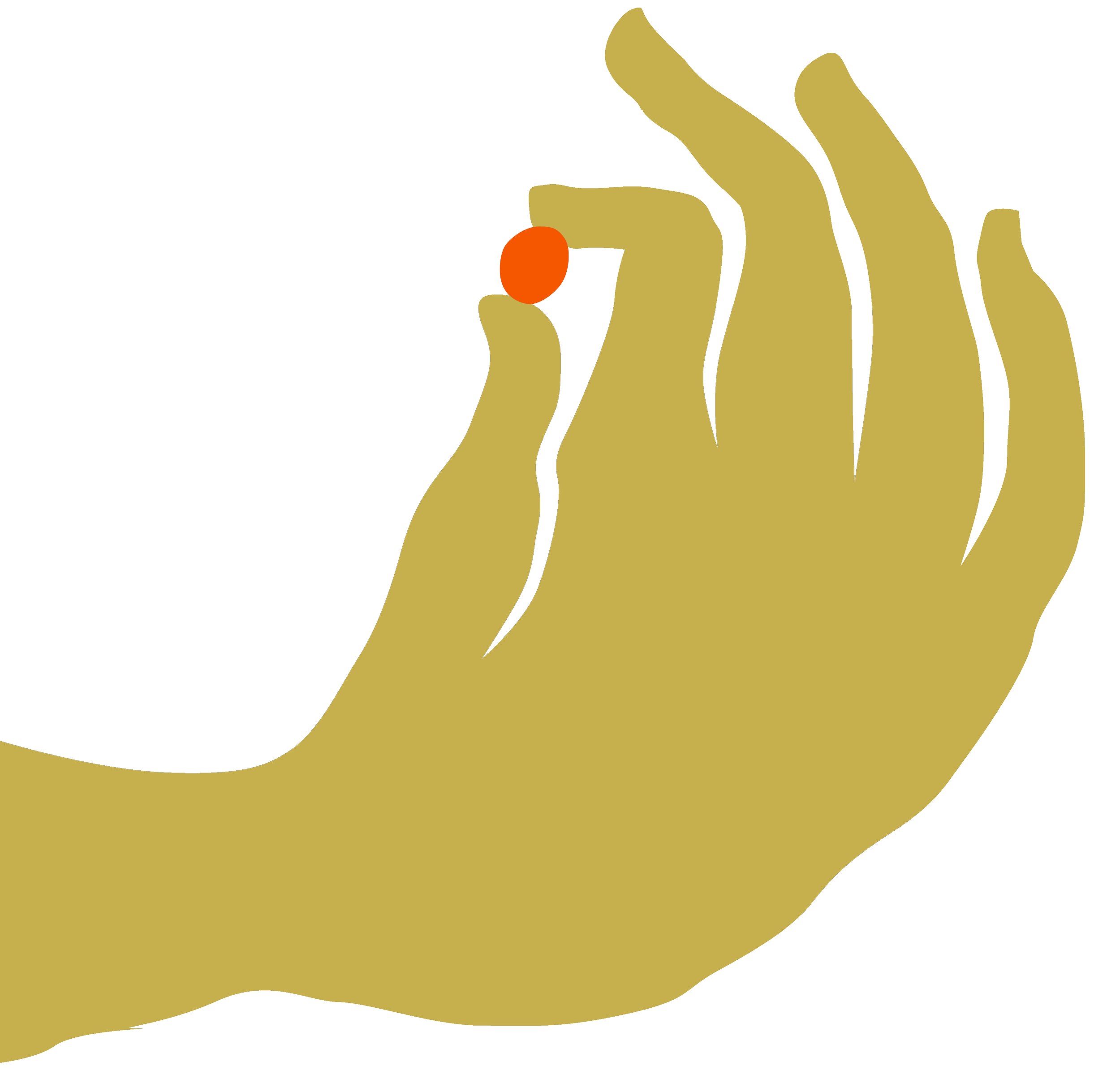 A stylised illustration of a hand with five fingers, coloured in yellow holding an orange oval fruit