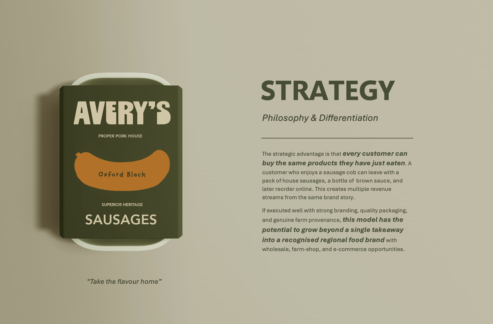 Strategy presentation slide with a sausage product image on the left and text on the right discussing branding and differentiation.