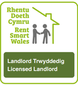 Logo for Rent Smart Wales, showing two people holding hands, with text in Welsh and English about landlord licensing