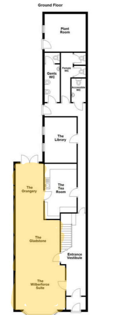 Floor plan of a building's ground floor with labeled rooms, including plant room, gents WC, female WC, accessible WC, library, the orangery, tea room, gladstone, Wilberforce suite, entrance vestibule, and connecting hallways.