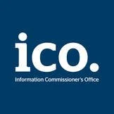 ICO logo with white lowercase letters on a dark blue background
