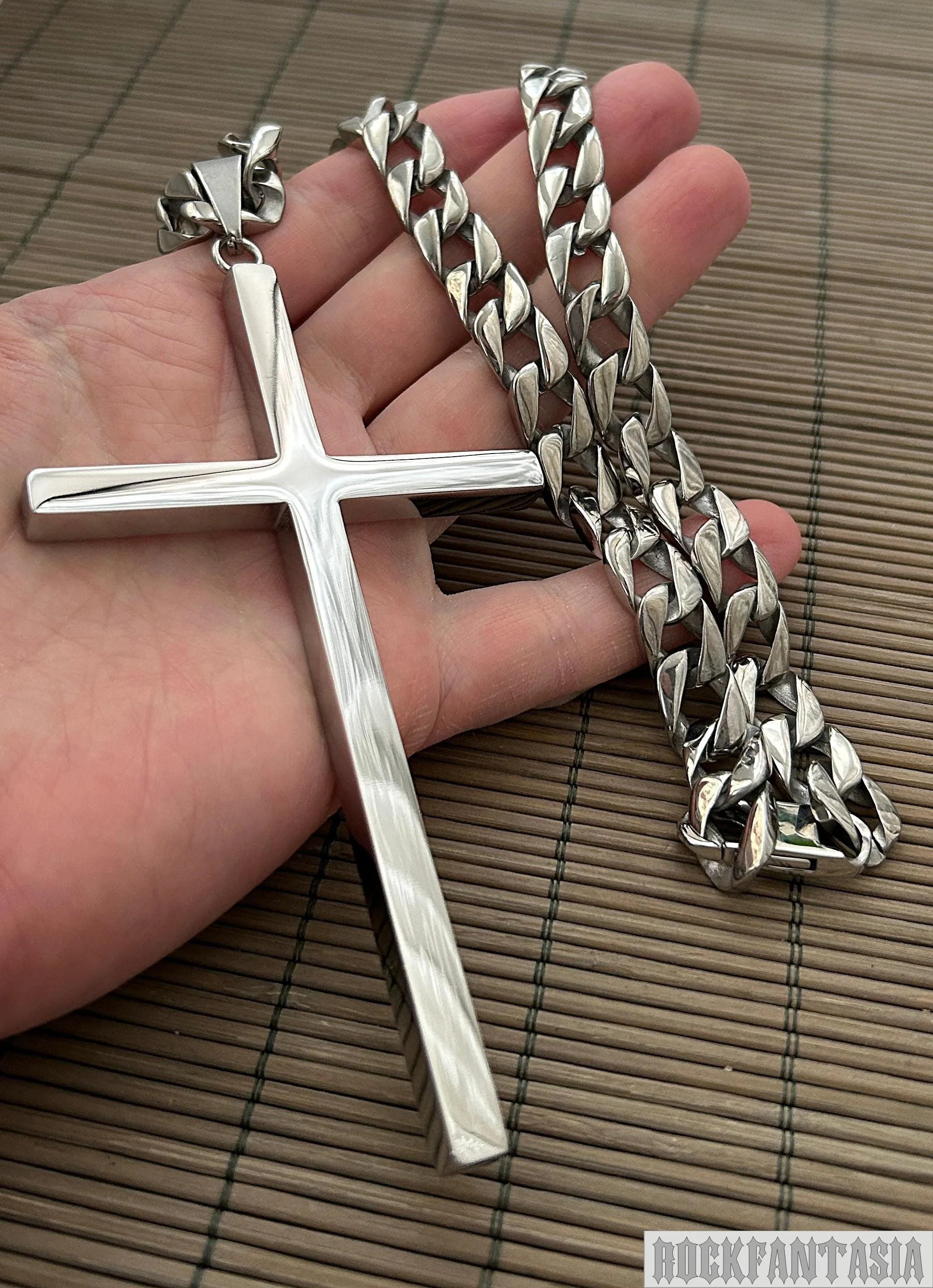 Big heavy cross pendant chain necklace mens stainless steel silver color
