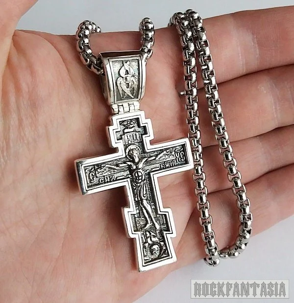 Christian Orthodox Crucifix Jesus Cross Greek 925 sterling silver pendant men, free gift chain necklace