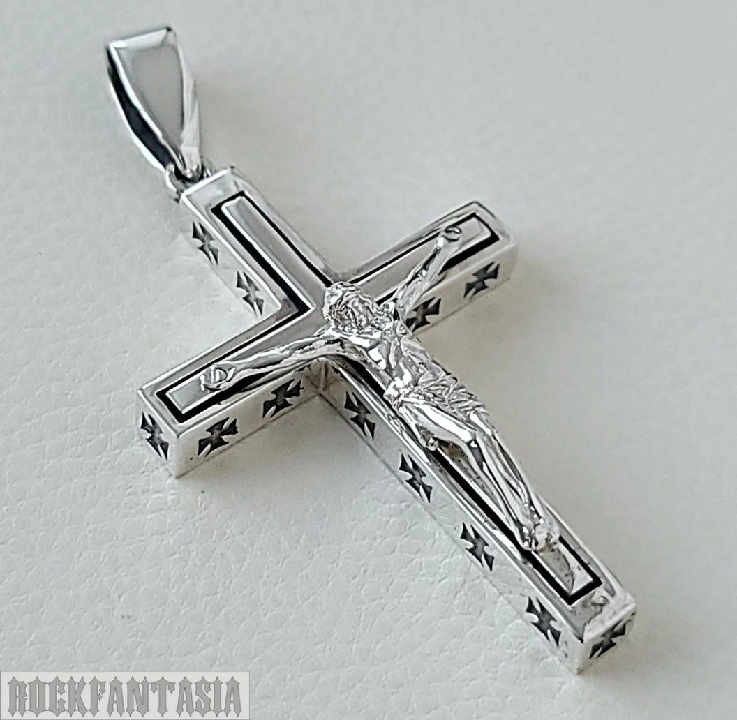 Big cross crucifix Jesus pendant solid sterling silver mens