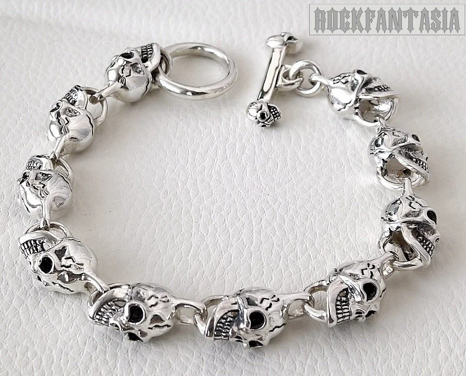 Skull bracelet mens 925 sterling silver heavy wide chain, gift for biker, skull clasp
