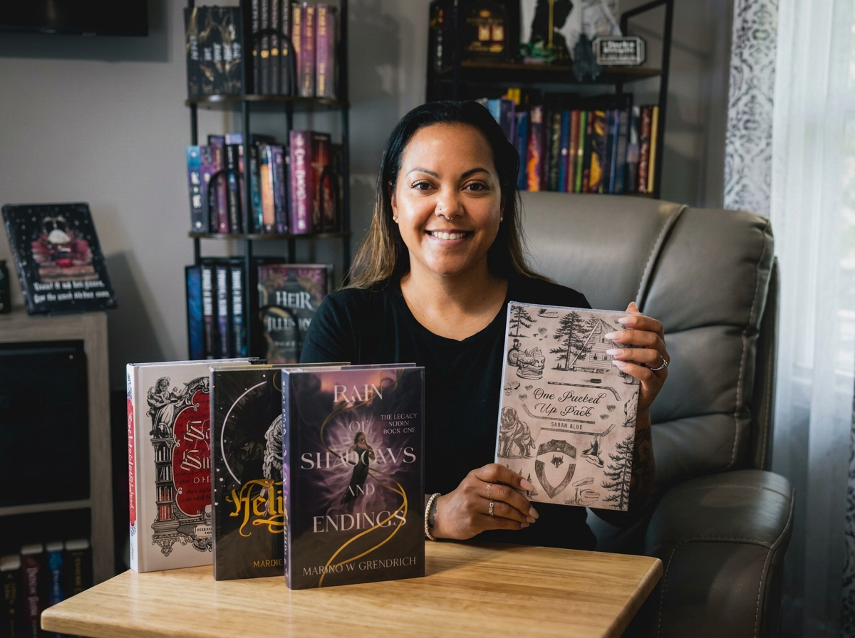 A woman sitting at a table holding a book titled 'One Pucked Up Pack.' In front of her on the table are four other books with distinct cover designs. The background shows bookshelves filled with more books, and there is a window with curtains to her right.