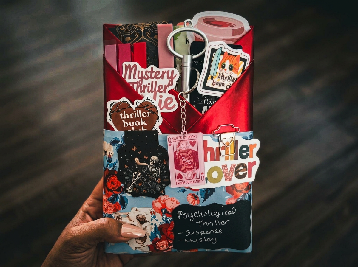 A hand holding a decorated gift bag filled with mystery thriller and horror-themed items, including stickers, a keychain, and a small chalkboard with writing about psychological thrillers.