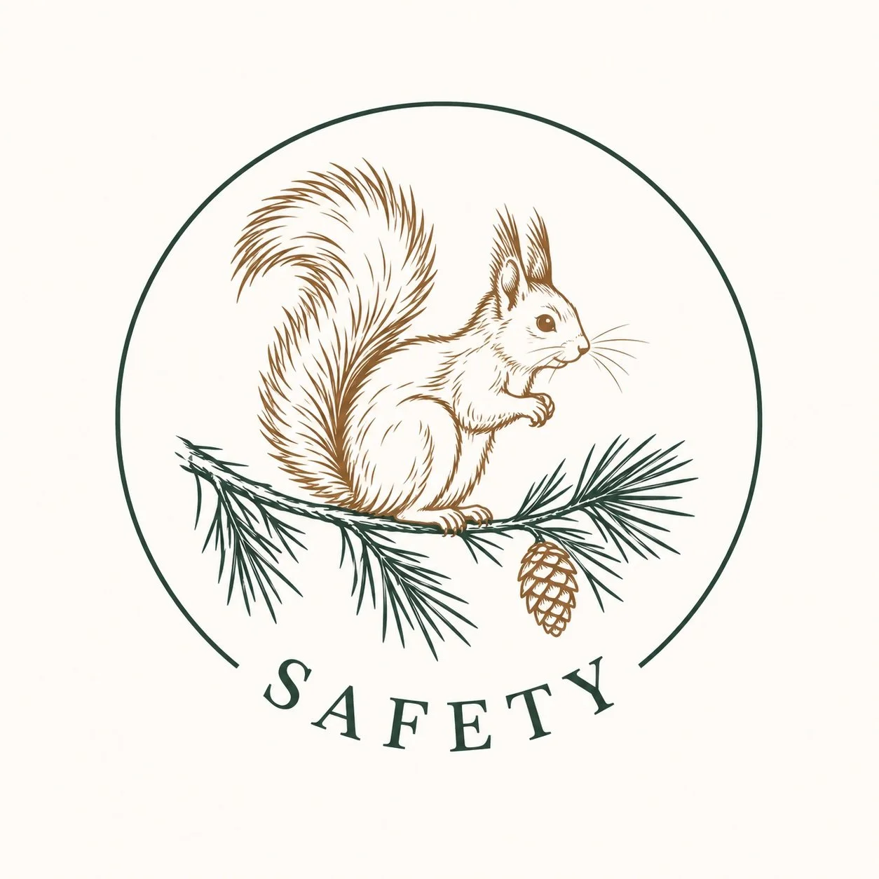 Squirrel sitting on pine branch with pine cone, surrounded by a circular border with the word 'SAFETY' underneath.