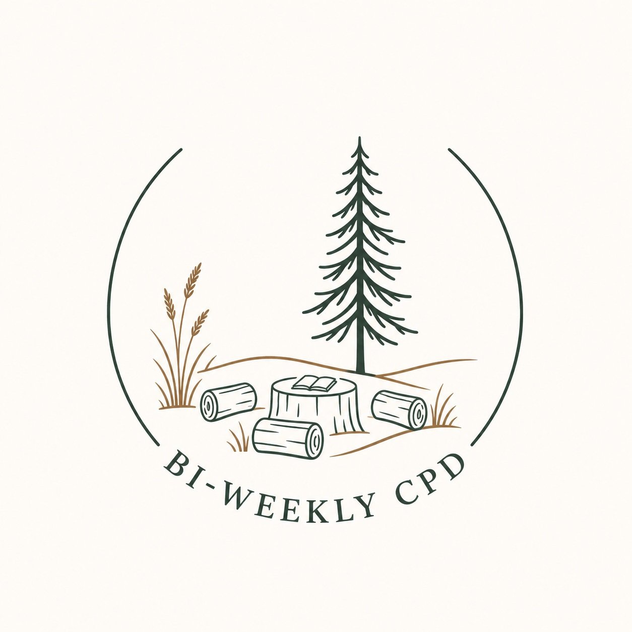 A logo featuring a pine tree, a tree stump with an open book, and logs on the ground, with the text 'BI-WEEKLY CPD' beneath.
