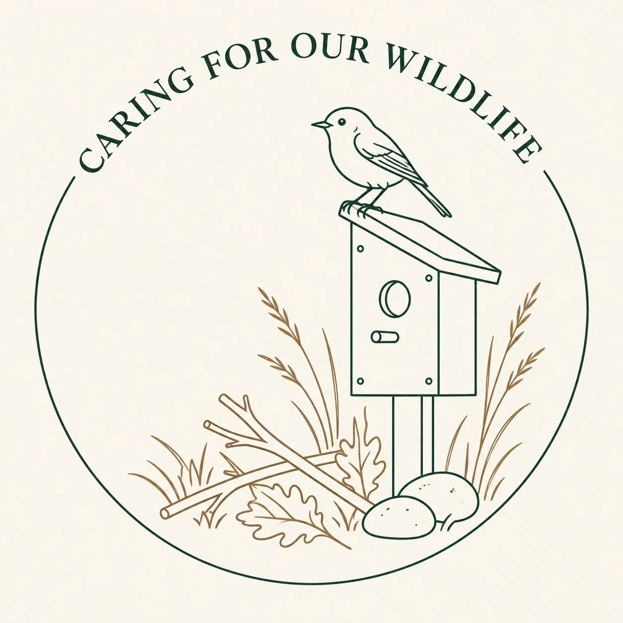 Line drawing of a bird sitting on a birdhouse, with grass, leaves, and rocks around it, along with the text 'Caring for Our Wildlife' at the top.