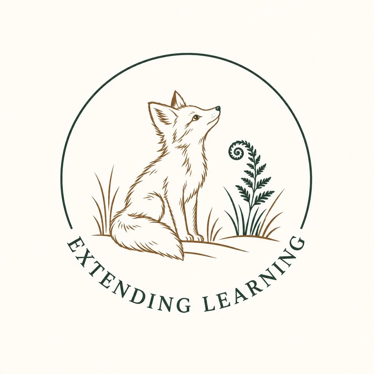 A logo featuring a sitting fox with the words 'Extending Learning' beneath it, surrounded by a simple circular outline and natural elements like grass and a fern.