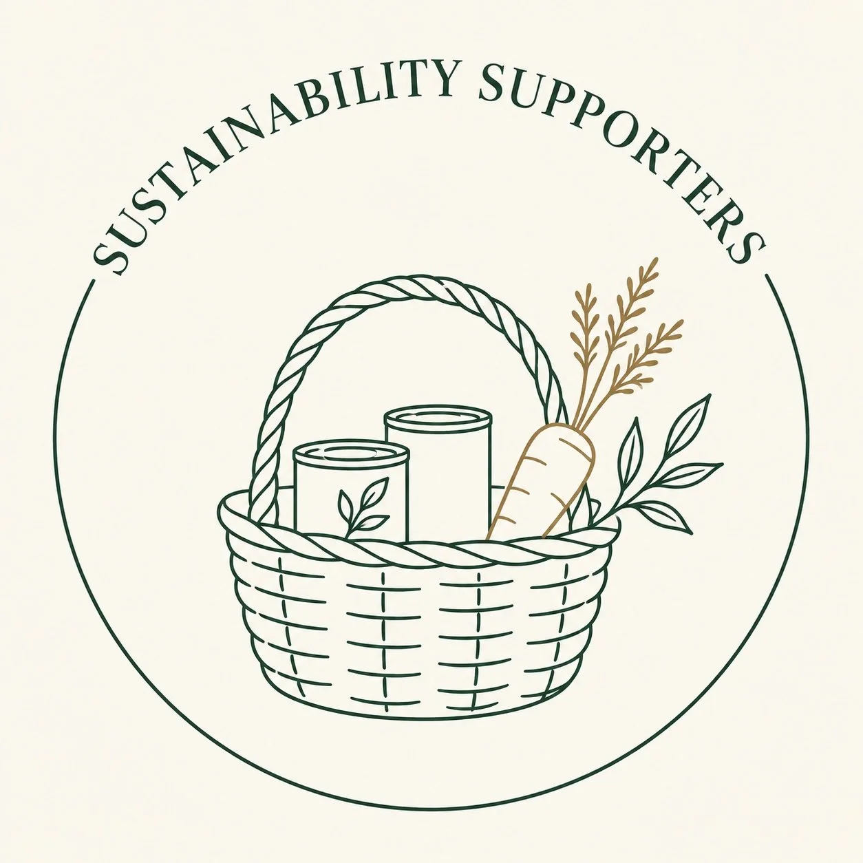A logo with a basket containing two canned goods and a carrot with leaves, surrounded by the text 'Sustainability Supporters'.