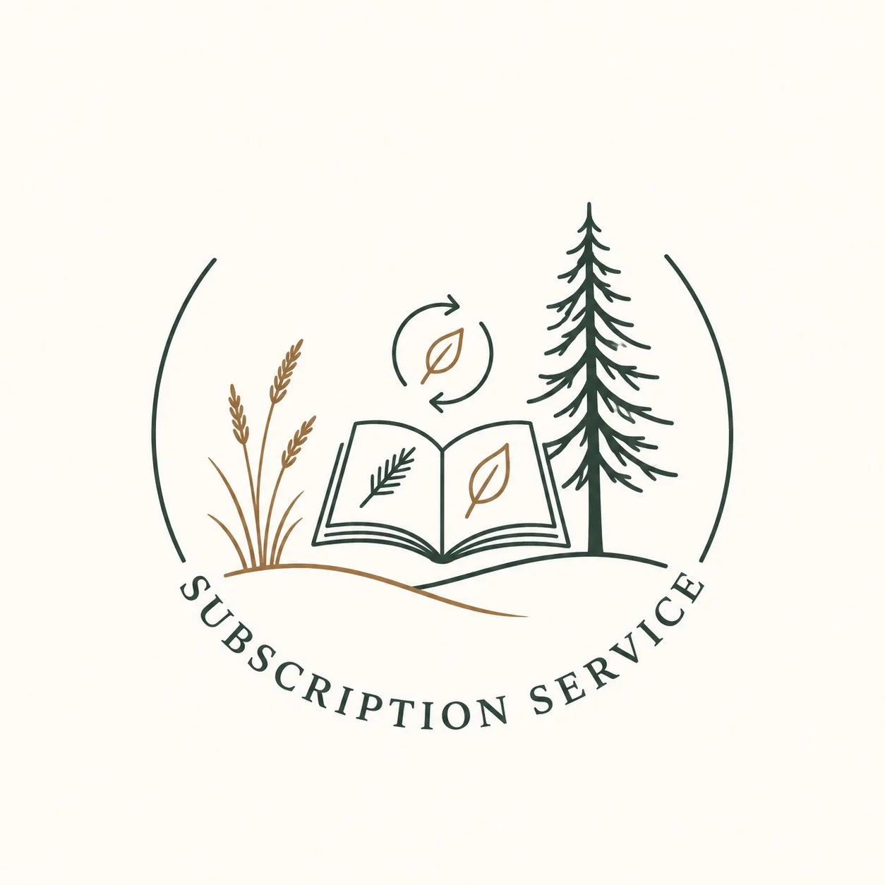 A logo featuring an open book with a leaf on one page and a pine branch on the other. Above the book is a circular arrow around a leaf, flanked by a wheat stalk and a pine tree. Below is the text 'SUBSCRIPTION SERVICE'.