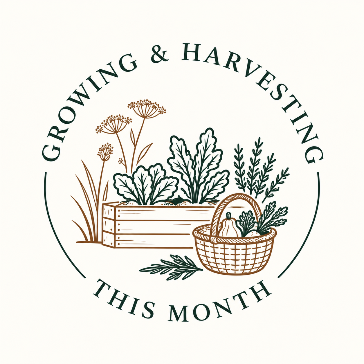Logo of Growing & Harvesting this month, with illustrated plants, herbs, and vegetables in a basket and a wooden box.