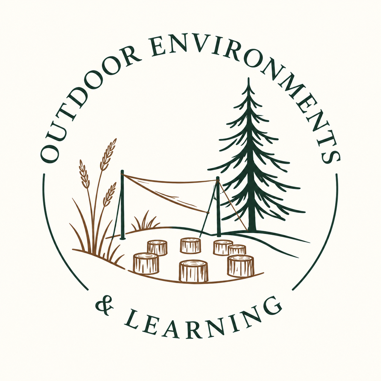 A logo with a tree, a pine, a hammock, and tree stumps, with the text "OUTDOOR ENVIRONMENTS & LEARNING" curved around the top and bottom.