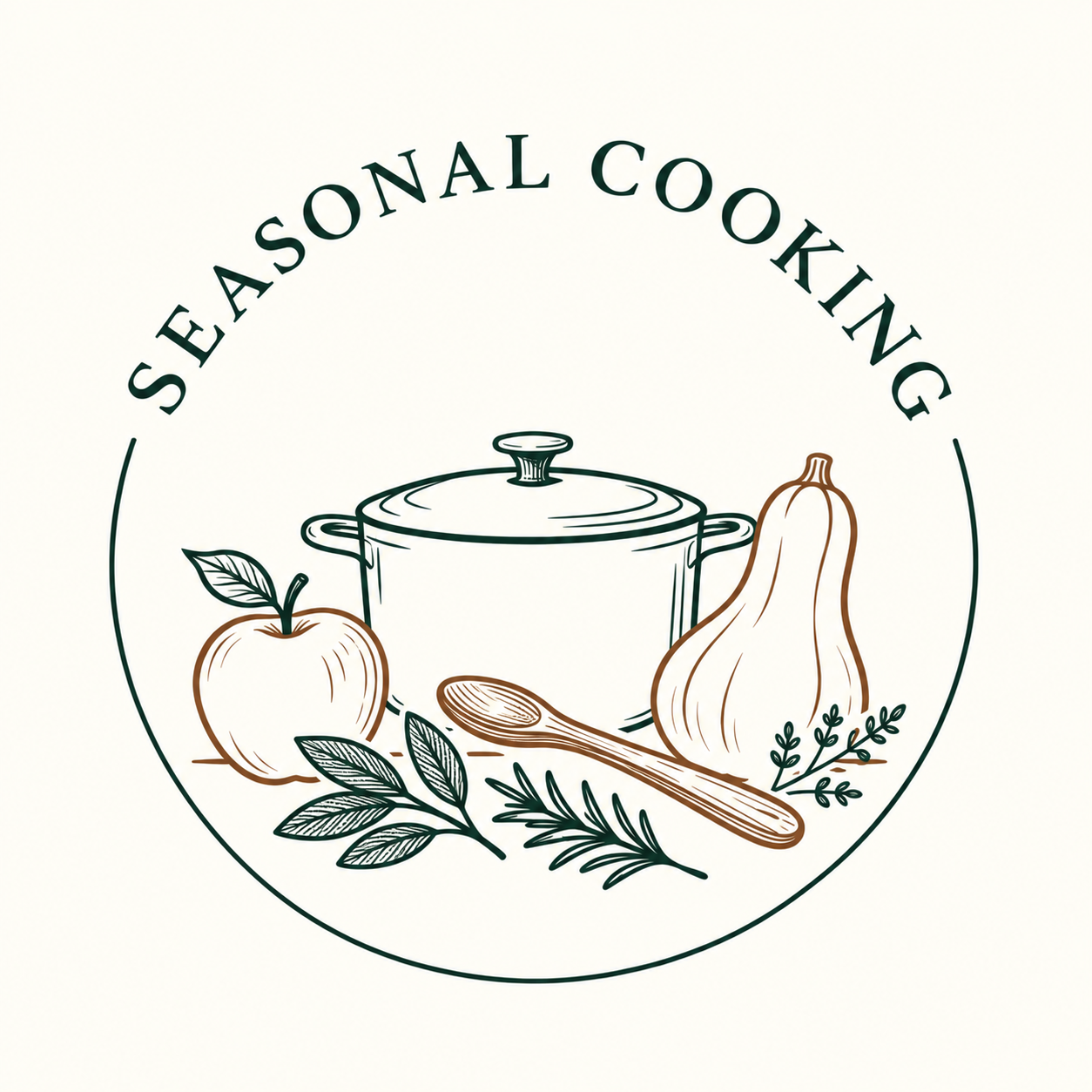 Illustration of a cooking pot, apple, onion, wooden spoon, and herbs with the text "Seasional Cooking" curved above.