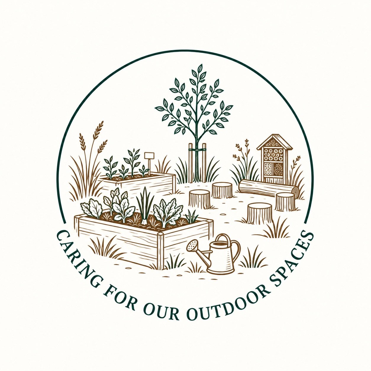 Illustration of a garden with raised beds, a tree, a watering can, a small insect hotel, and tree stumps, with a semi-circular border. Text reads 'Caring for Our Outdoor Spaces'.