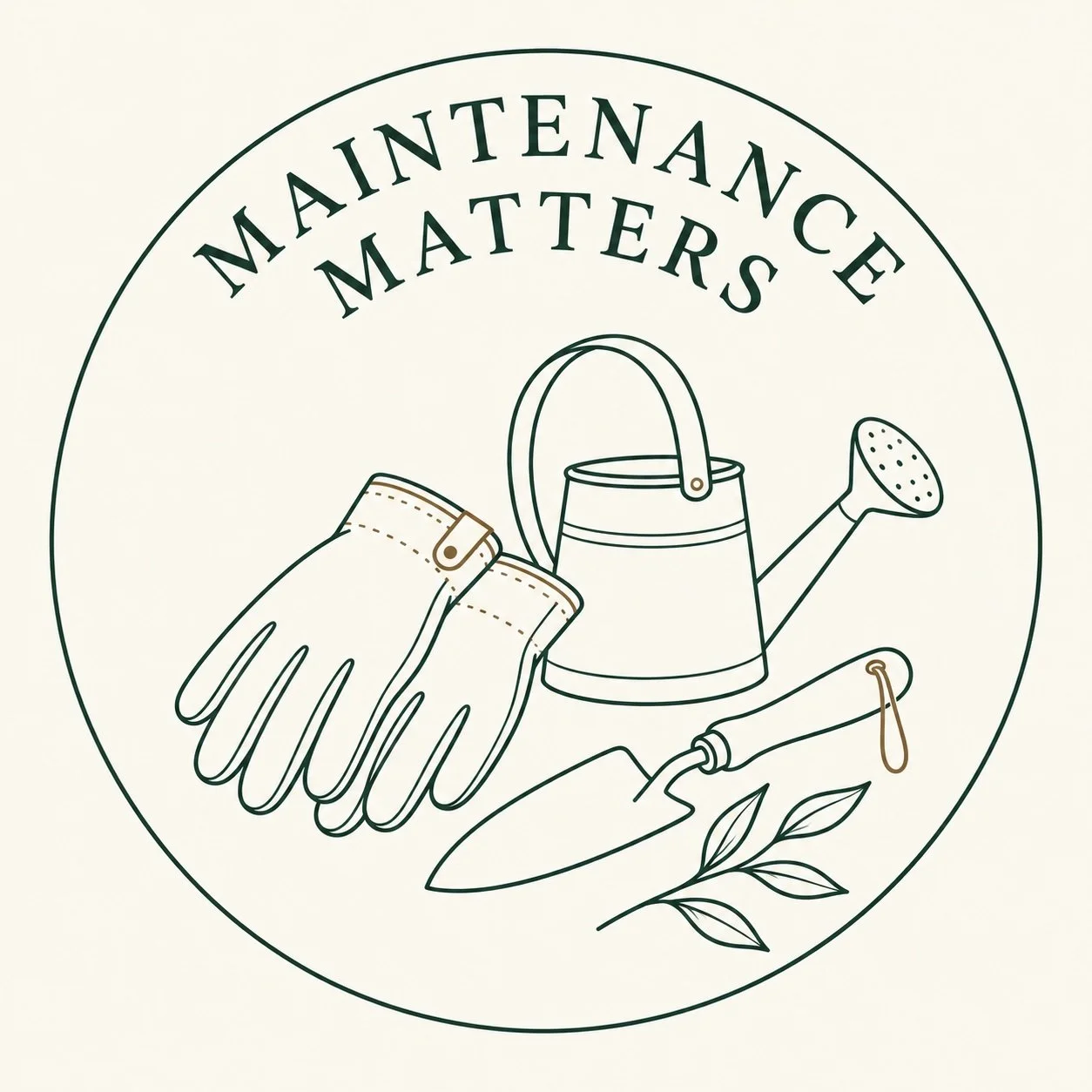 A circular emblem with the words 'Maintenance Matters' at the top, featuring an illustration of gardening gloves, a watering can, a trowel, and plant leaves.