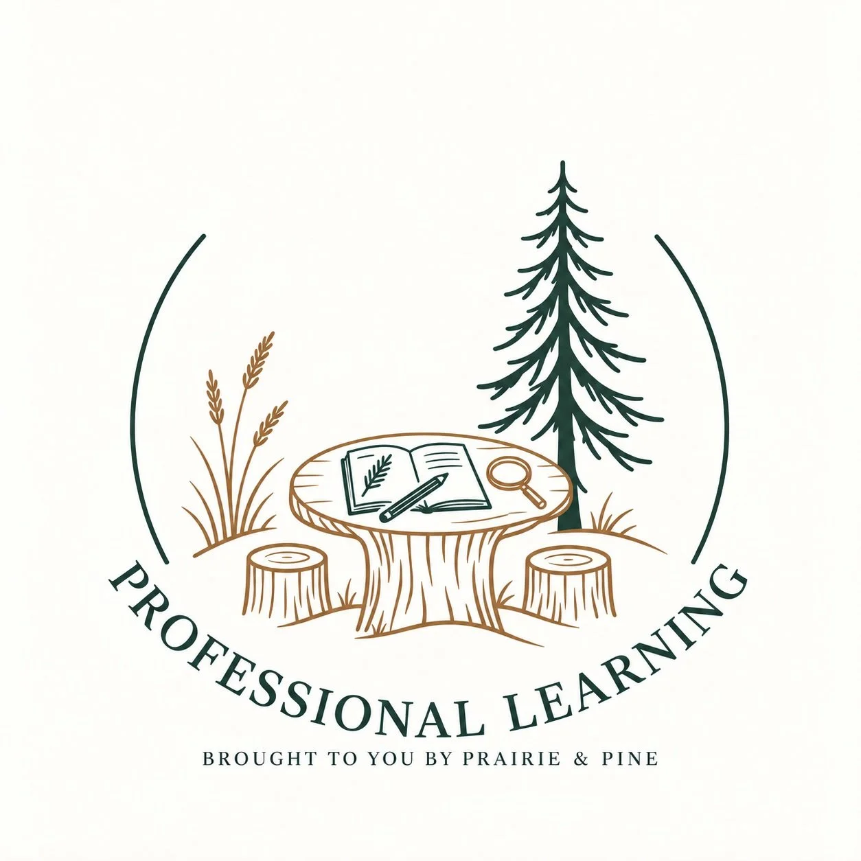 Logo of Prairie & Pine Professional Learning featuring a tree stump, open book with a pine leaf and magnifying glass, two stumps, a pine tree, and grass around. Text reads 'PROFESSIONAL LEARNING' and 'BROUGHT TO YOU BY PRAIRIE & PINE'.