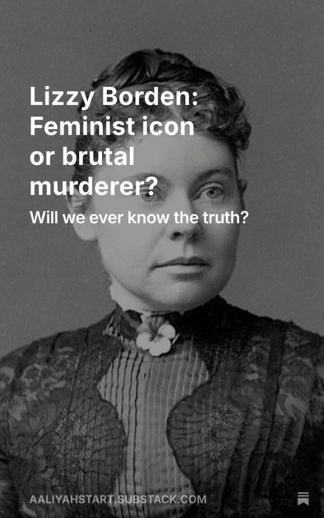 Black and white photo of Lizzy Borden, a woman with short, curly hair, dressed in Victorian-era clothing with lace details and a bow tie, looking directly at the camera. Overlaid text questions whether she was a feminist icon or brutal murderer and whether the truth will ever be known.