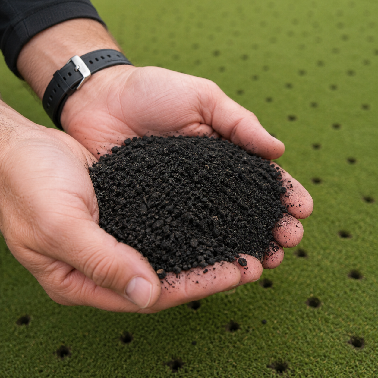 Hands holding black granular substance over green perforated surface.
