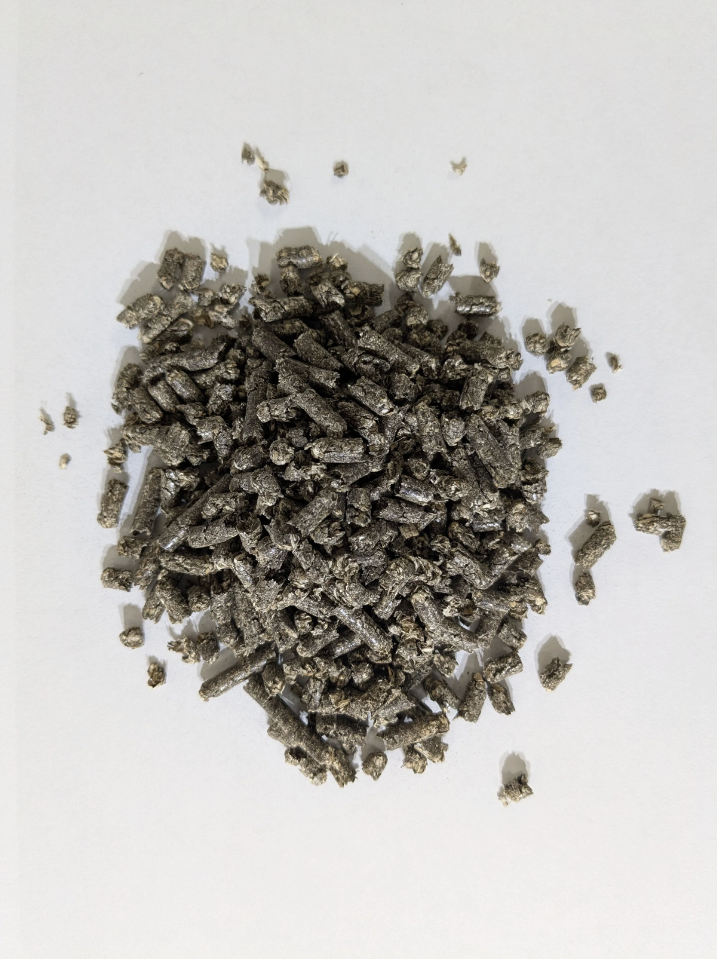 Silver-colored pellets or granules scattered on a white surface.