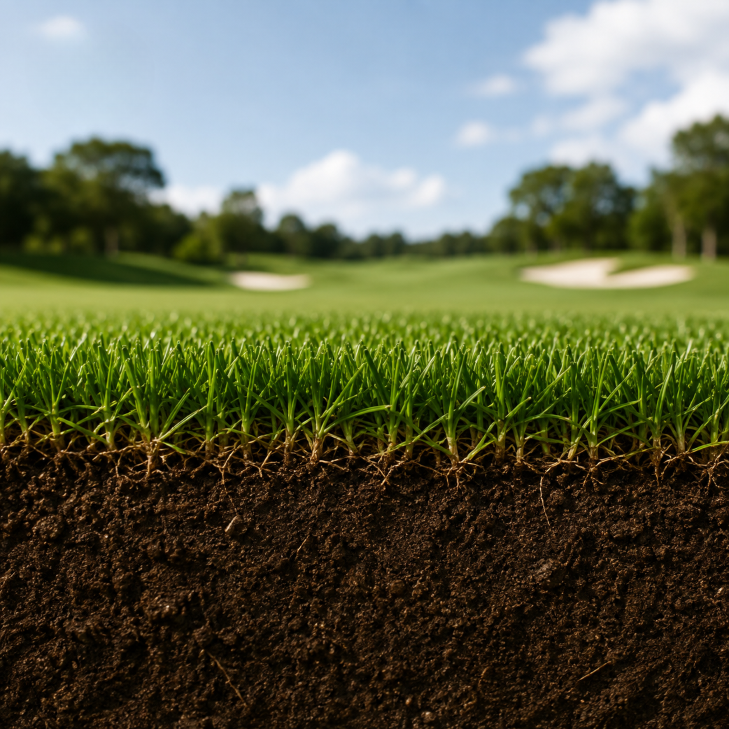Close-up view of green grass with soil underneath, blurred background of a golf course with trees and a partly cloudy sky.