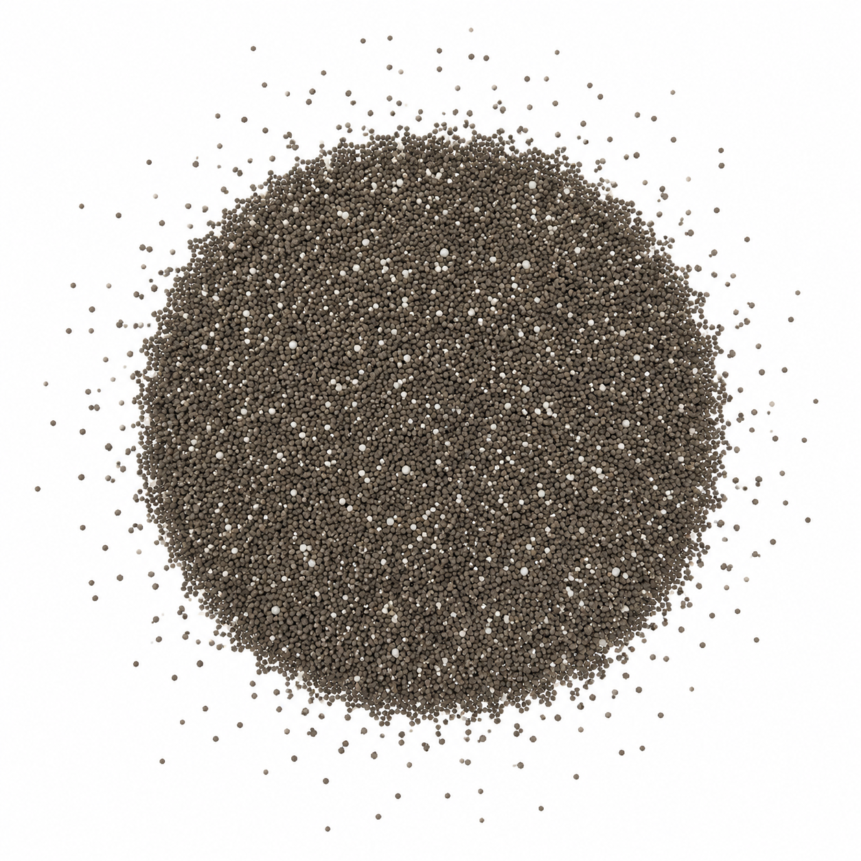 A pile of small, dark gray granules scattered on a white background.