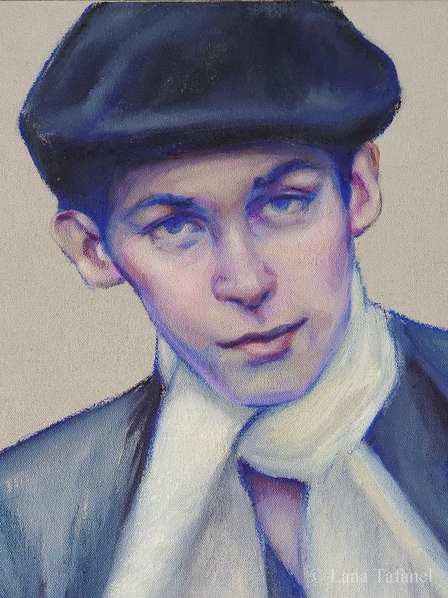 Painting of a young man Glenn Gould wearing a black cap, white shirt, and dark jacket.