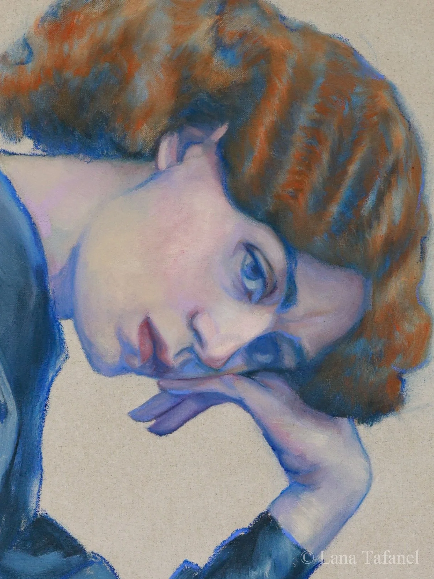 An oil painting of a Jane Morris woman with red hair resting her head on her hand by Lana Tafanel