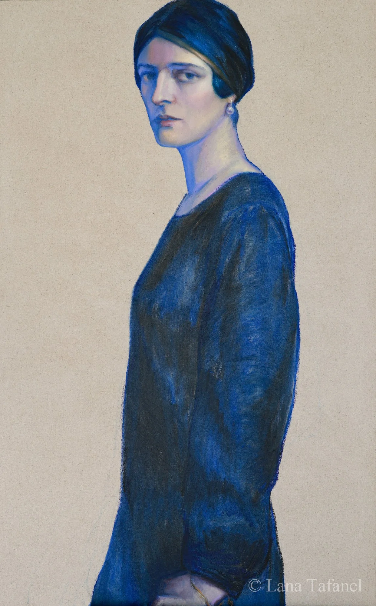 A portrait painting of a woman with short dark hair, wearing a dark top and earrings, against a plain background. Blue dress. Contemporary art