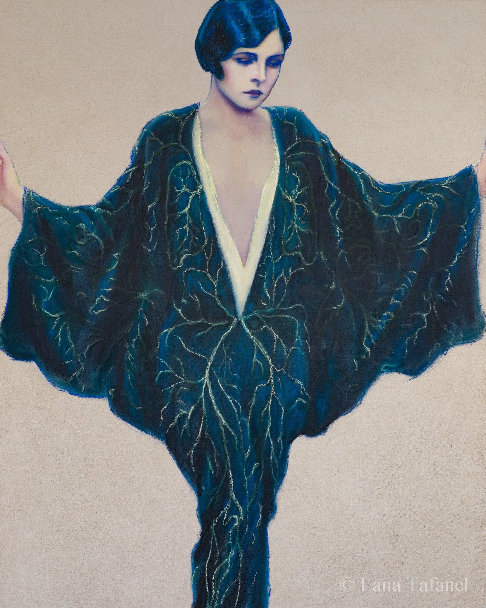 A painting of a woman with short dark blue hair, wearing a dark blue robe with gold details, arms outstretched, and a serene expression.