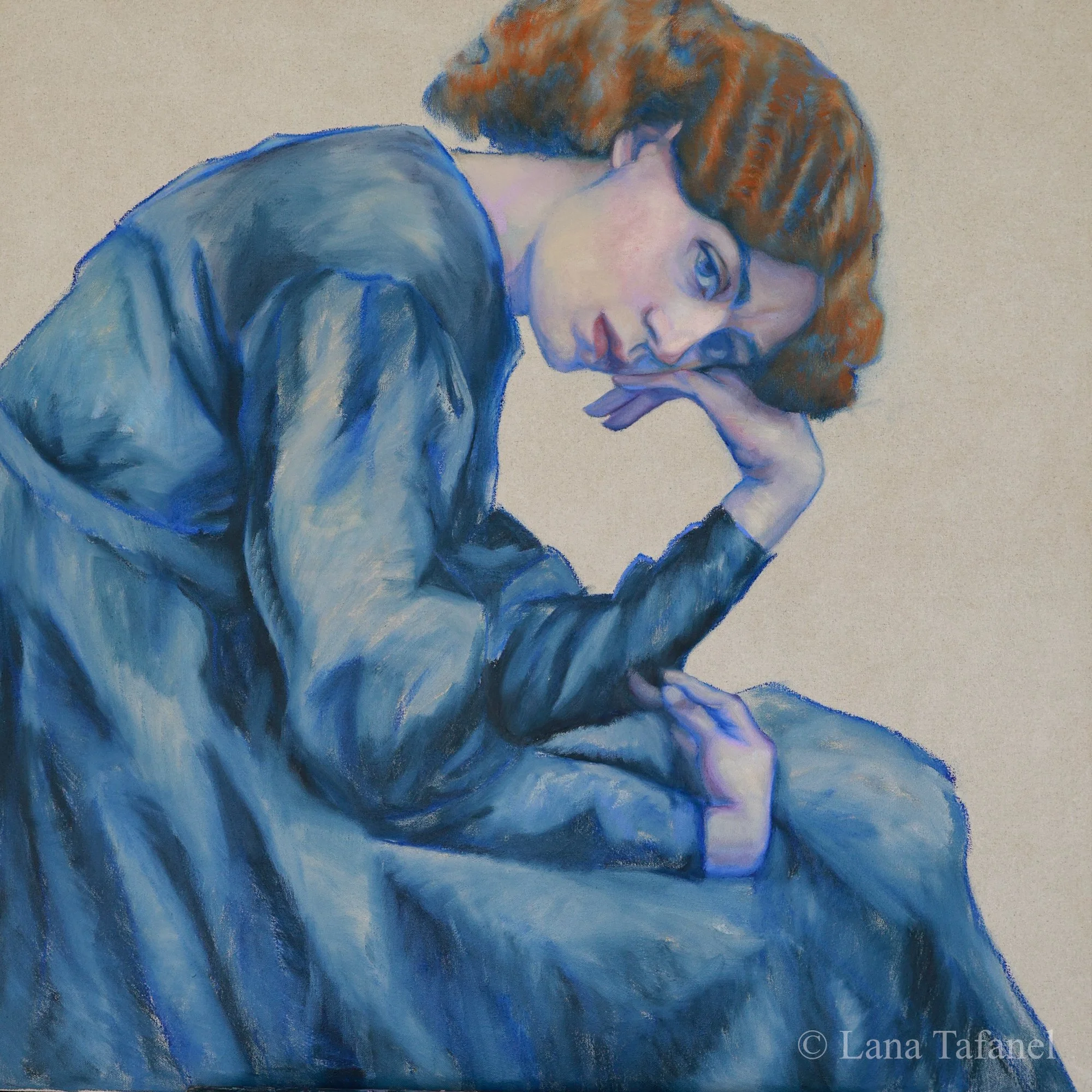 A painting of a woman Jane Morris with red hair, and blue dress, resting her head on her hand with her eyes looking straight.