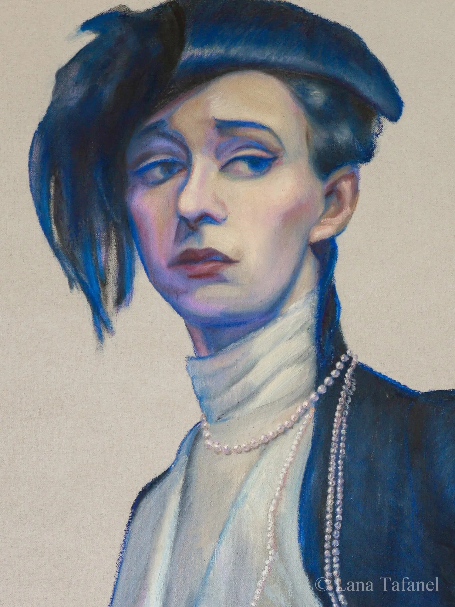 A portrait painting of a man with short, dark blue hair, wearing a white turtleneck and a black jacket.  has pearl necklaces and is posing .The painting features cool tones, and the man has a confident and intense expression.